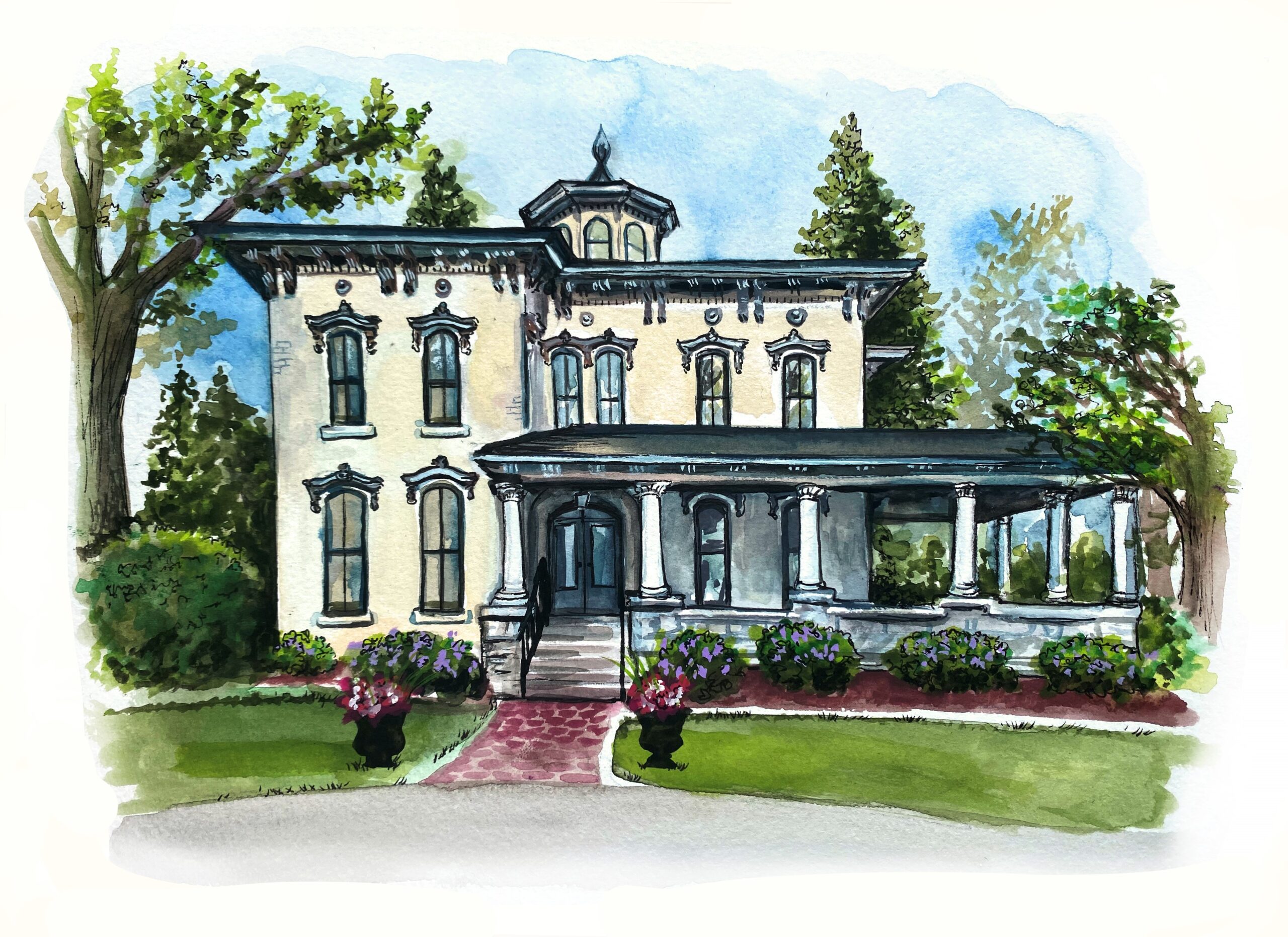 Ink drawing of the front of Peterson Dumesnil House in summer