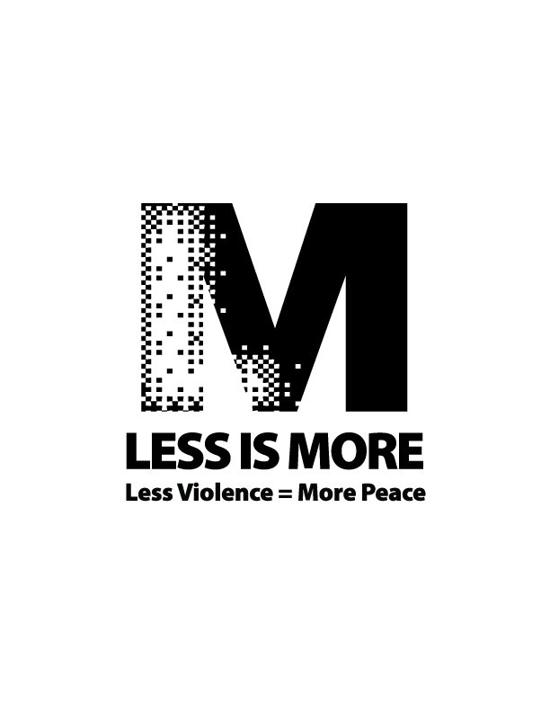 A gradient shaded letter "M" with the words "Less is More Less Violence equals More Peace" under the "M"